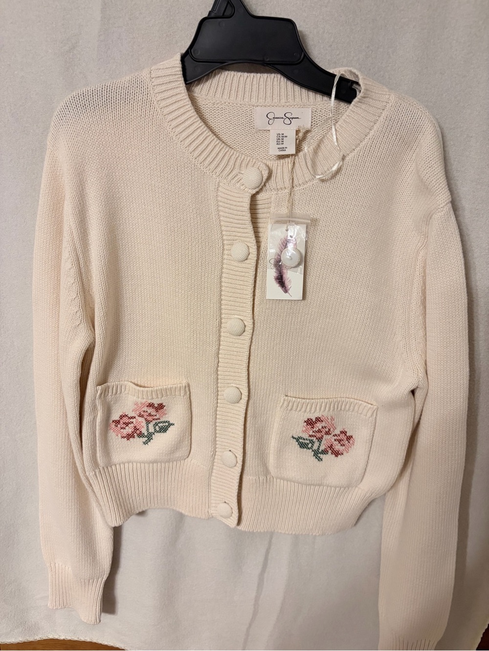 Jessica Simpson Cream Cardigan with Pink Floral Pocket Embroidery